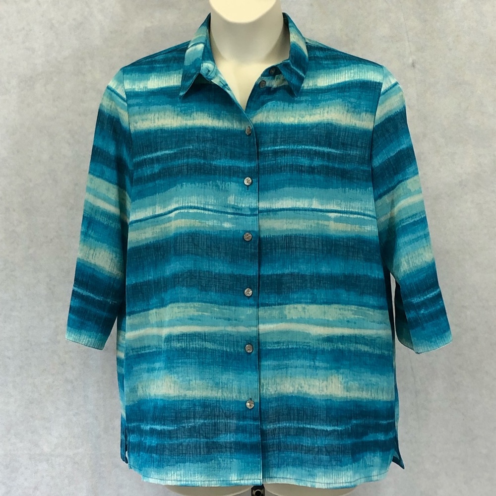 Allison Daley turquoise watercolor striped top/shacket